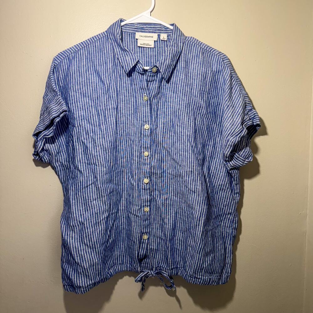 Calligraphie Blue White Stripe 100% Linen Tie-Hem Button Down Shirt Large